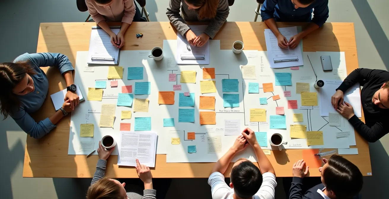 Vue aérienne d'un bureau avec cartes mentales colorées analysant les opportunités de contenu