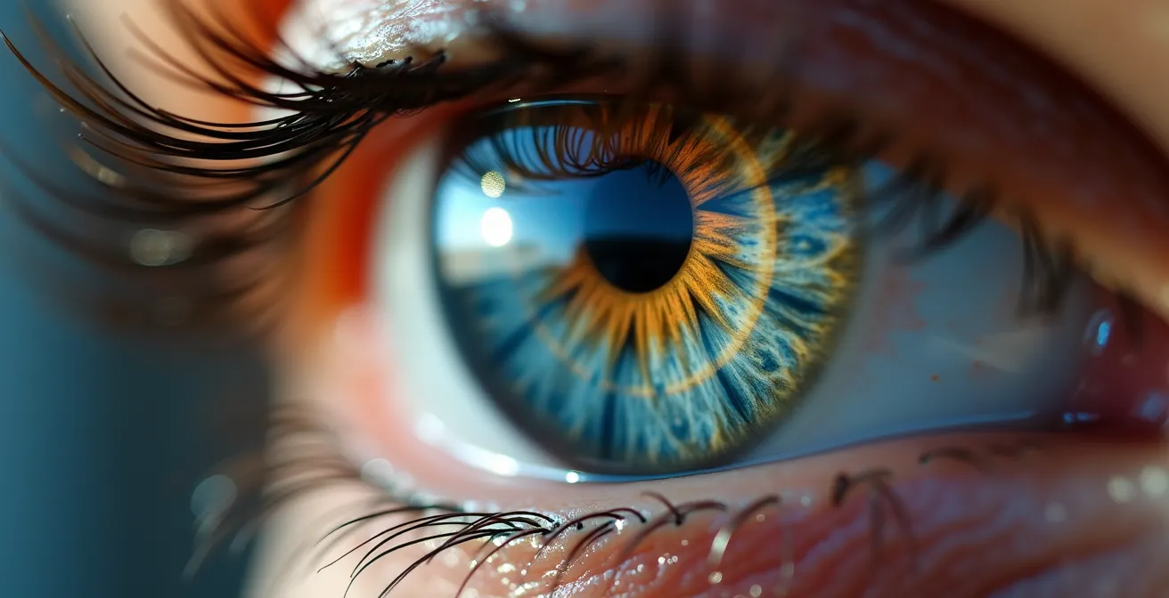 Vue macro d'un œil humain analysant rapidement des éléments sur un écran.