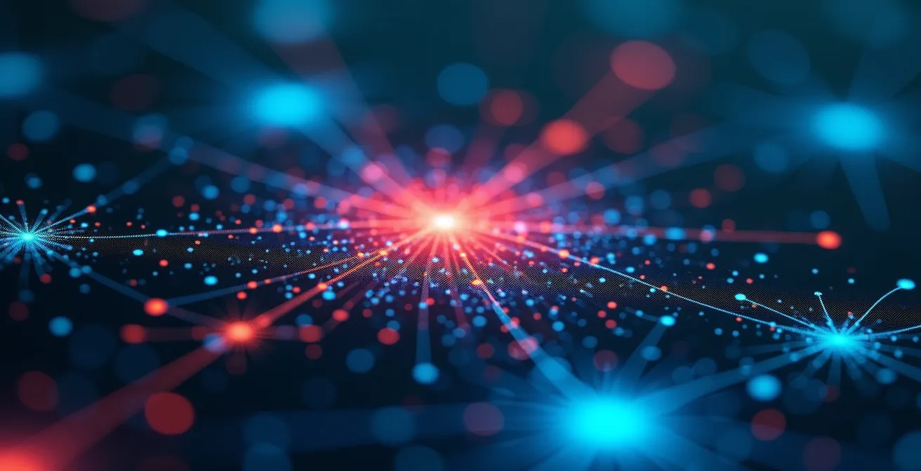 Vue macro de données de recherche interne avec patterns visuels colorés représentant des clusters sémantiques