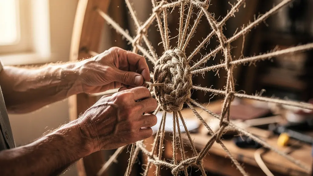 Les mains expérimentées d'un artisan tissant un réseau complexe de cordes, métaphore de la construction d'un maillage interne solide et intentionnel.