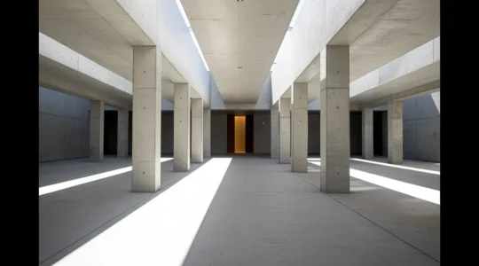 Photographie d'architecture minimaliste avec des lignes de fuite guidant le regard vers un point focal unique, symbolisant un bouton d'action sans interface visible.