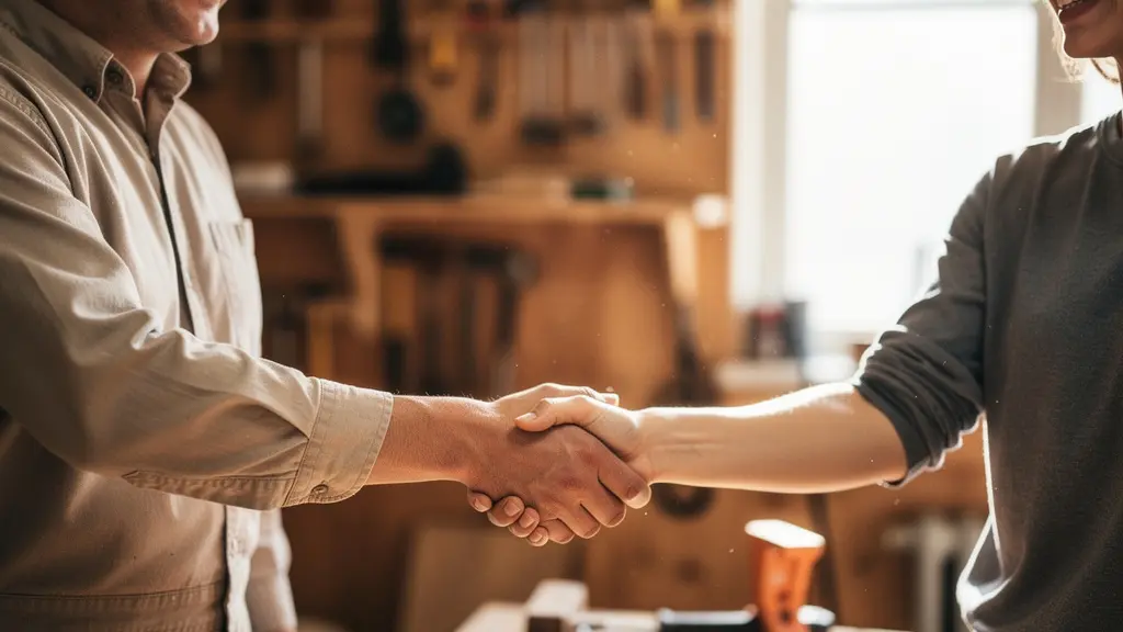 Poignée de main chaleureuse entre artisan et client satisfait dans un intérieur lumineux