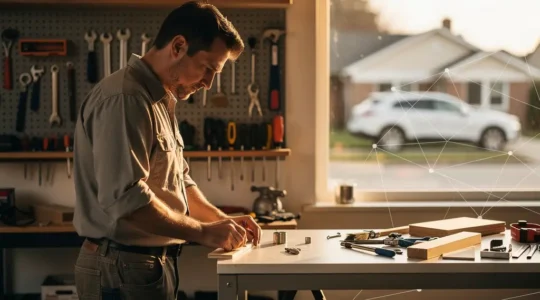 Artisan travaillant dans son atelier avec une lumière naturelle et une carte de quartier floue en arrière-plan