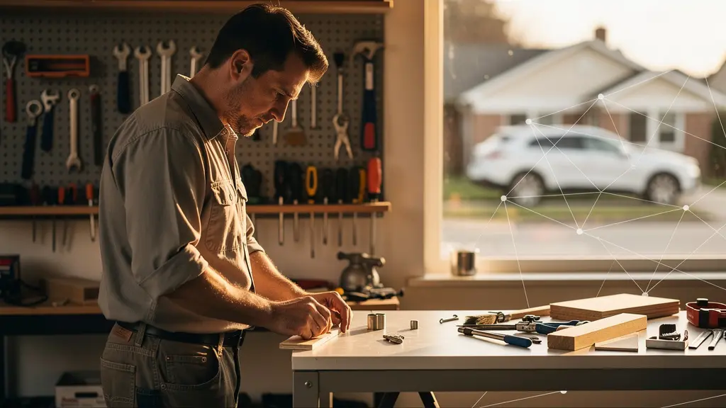 Artisan travaillant dans son atelier avec une lumière naturelle et une carte de quartier floue en arrière-plan