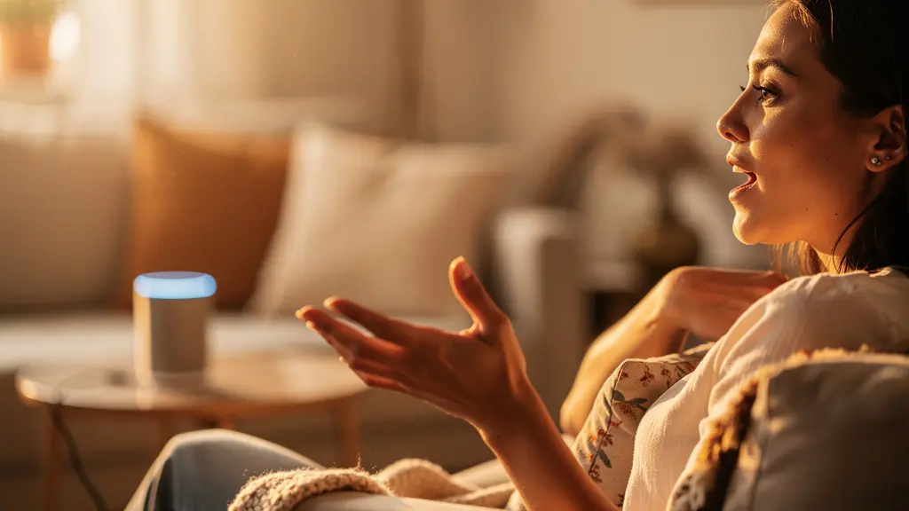 Personne utilisant un assistant vocal dans un salon moderne, appareil intelligent flou en arrière-plan