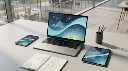 Environnement de bureau professionnel avec écrans affichant des métriques de référencement et autorité de marque