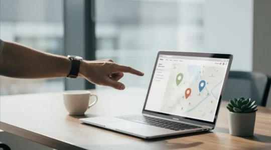 Vue stratégique d'un écran montrant une carte urbaine avec des épingles colorées et une main professionnelle pointant vers les trois premières positions