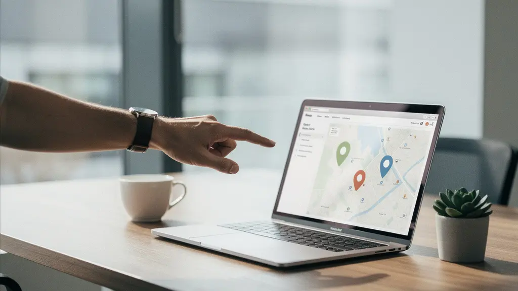Vue stratégique d'un écran montrant une carte urbaine avec des épingles colorées et une main professionnelle pointant vers les trois premières positions