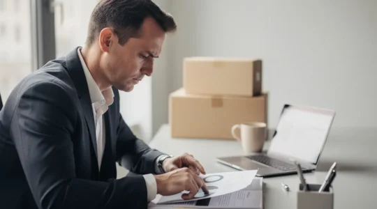 Entrepreneur analysant différentes propositions d'agences SEO dans un environnement de bureau moderne