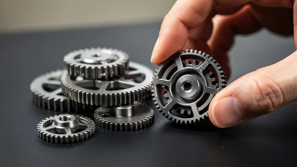 Vue macro détaillée de mains manipulant des pièces d'engrenage symbolisant le choix technique