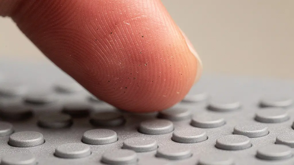 Gros plan macro d'un pouce au-dessus d'une surface mate avec des formes de boutons sans marquage, suggérant la précision requise pour toucher des cibles tactiles.