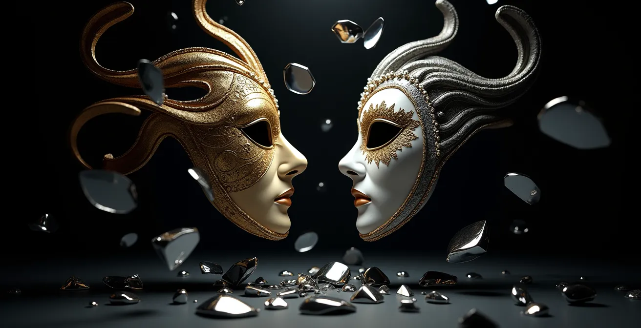 Métaphore visuelle du cloaking SEO avec deux masques vénitiens opposés reflétant des réalités différentes