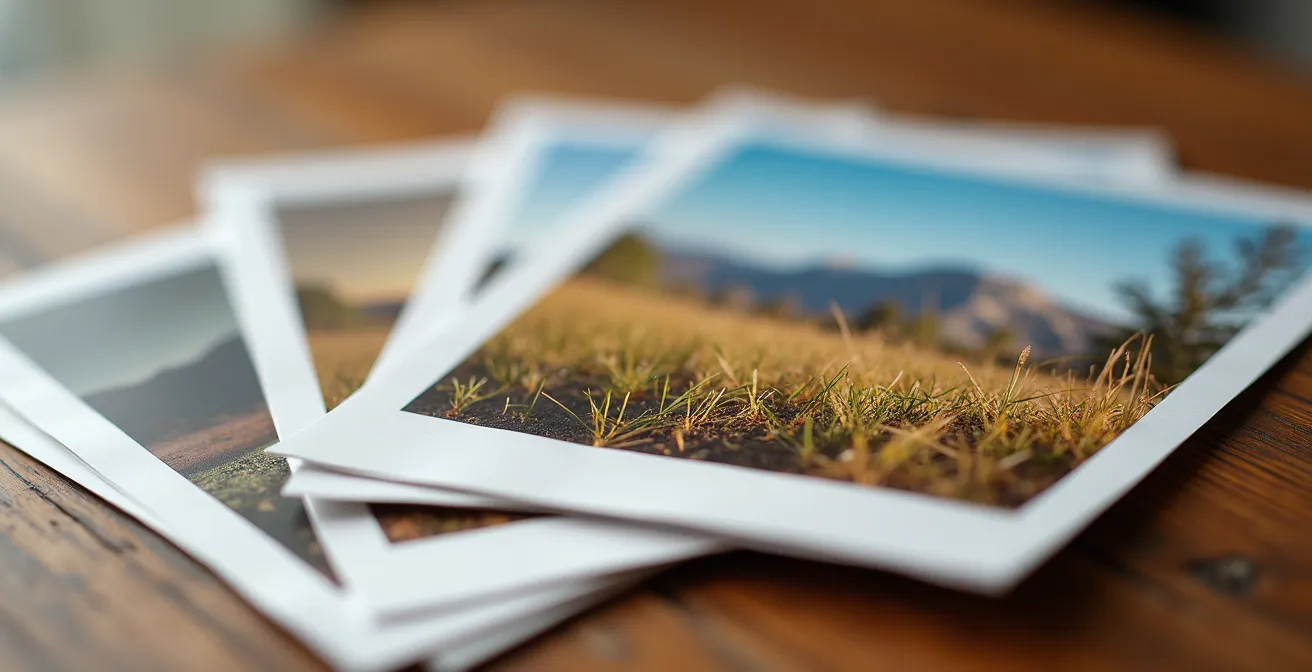 Comparaison visuelle de différents niveaux de compression d'image sur une surface en bois