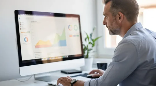 Consultant SEO analysant des courbes de trafic sur écran dans bureau d'agence web