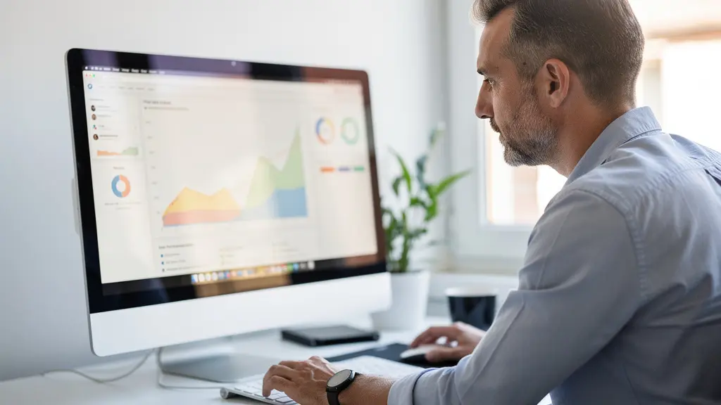 Consultant SEO analysant des courbes de trafic sur écran dans bureau d'agence web