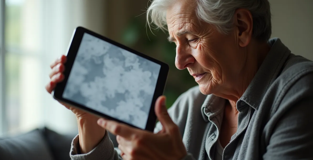 Portrait rapproché d'une personne mature lisant sur une tablette avec expression concentrée dans un environnement lumineux