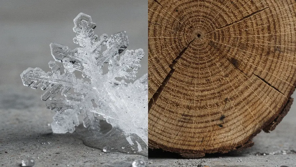 Métaphore visuelle de la demi-vie du contenu avec un cristal de glace fondant à côté d'une coupe de tronc d'arbre aux anneaux de croissance denses.