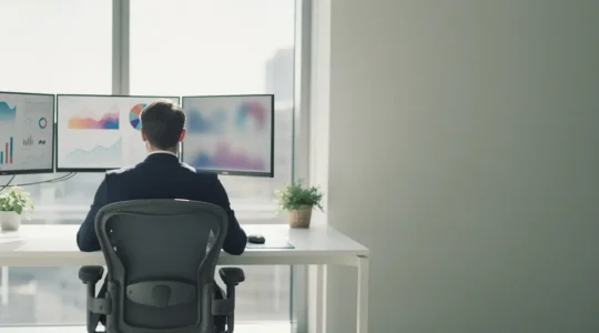 Expert analysant des données SEO sur plusieurs écrans dans un bureau moderne