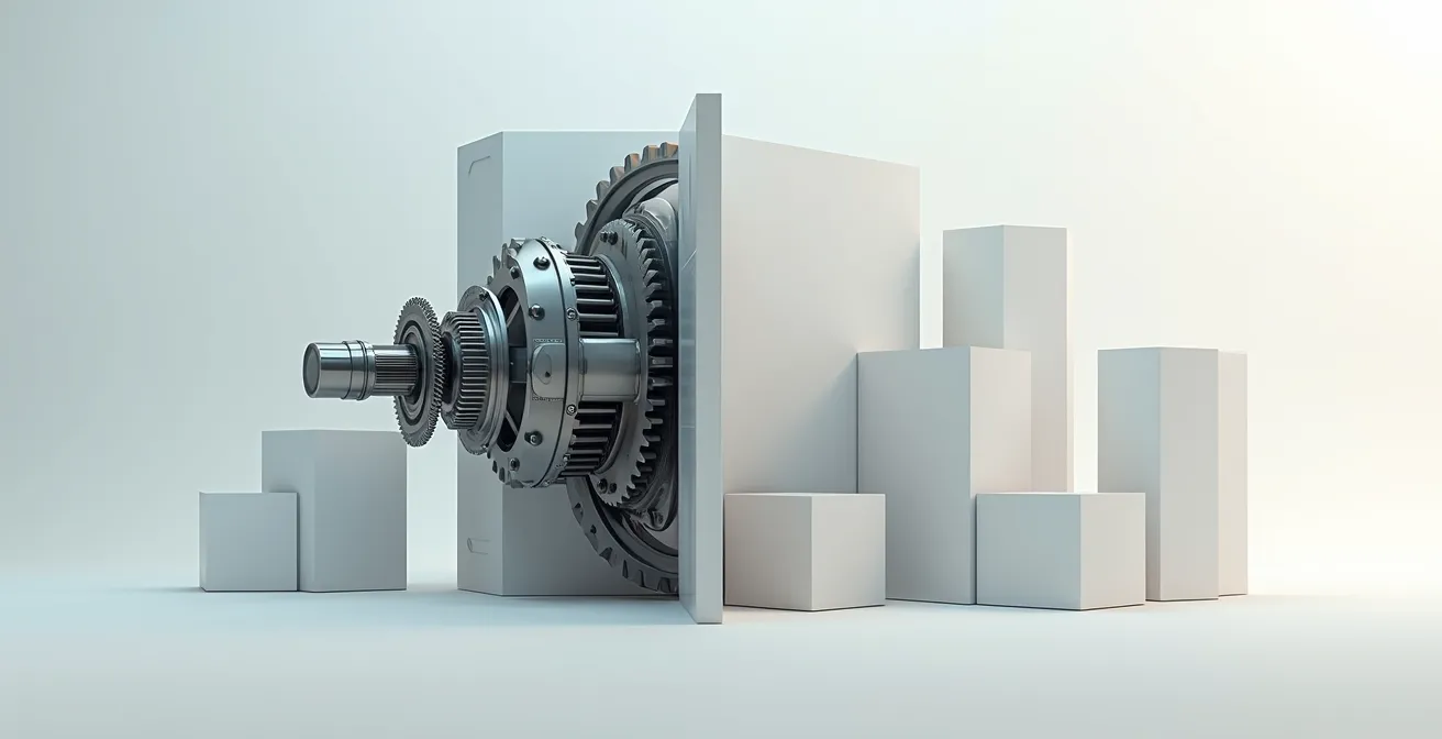 Composition visuelle montrant deux niveaux de complexité, technique d'un côté avec engrenages mécaniques, simplicité de l'autre avec formes géométriques épurées