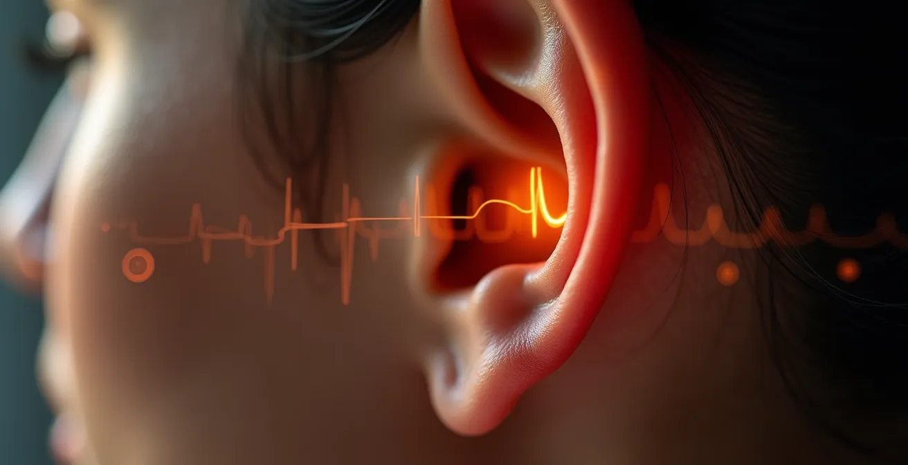 Macro sur une oreille humaine avec ondes sonores visualisées, symbolisant l'écoute active des retours clients