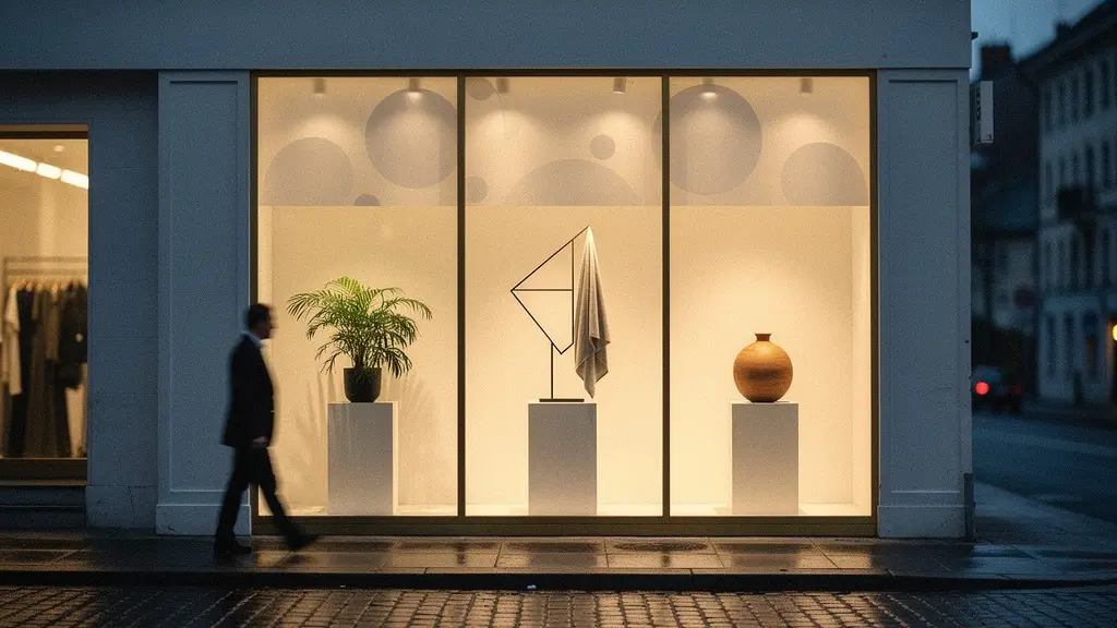 Vitrine de boutique éclairée avec plusieurs éléments organisés de manière stratégique, symbolisant les extensions d'annonces Google Ads qui maximisent l'espace visuel