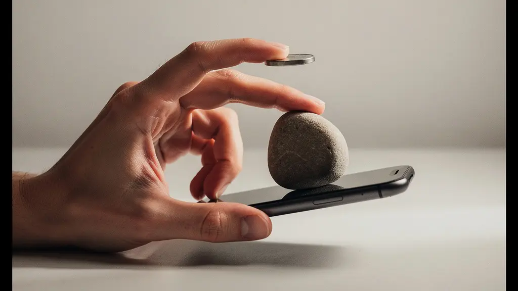 Main tenant un smartphone de dos et essayant de manipuler plusieurs objets à la fois, suggérant la charge et la friction d'un checkout mobile a une main.