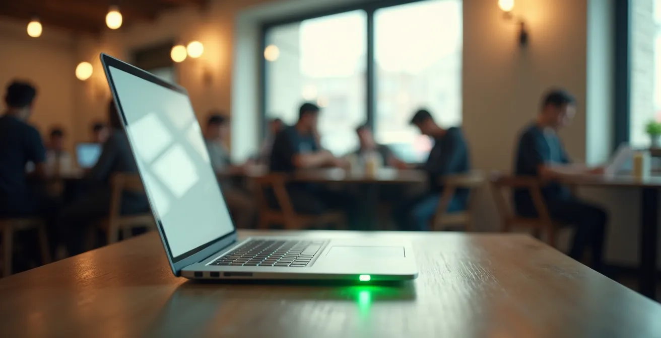 Personne utilisant un ordinateur portable dans un café avec visualisation symbolique de la protection HSTS