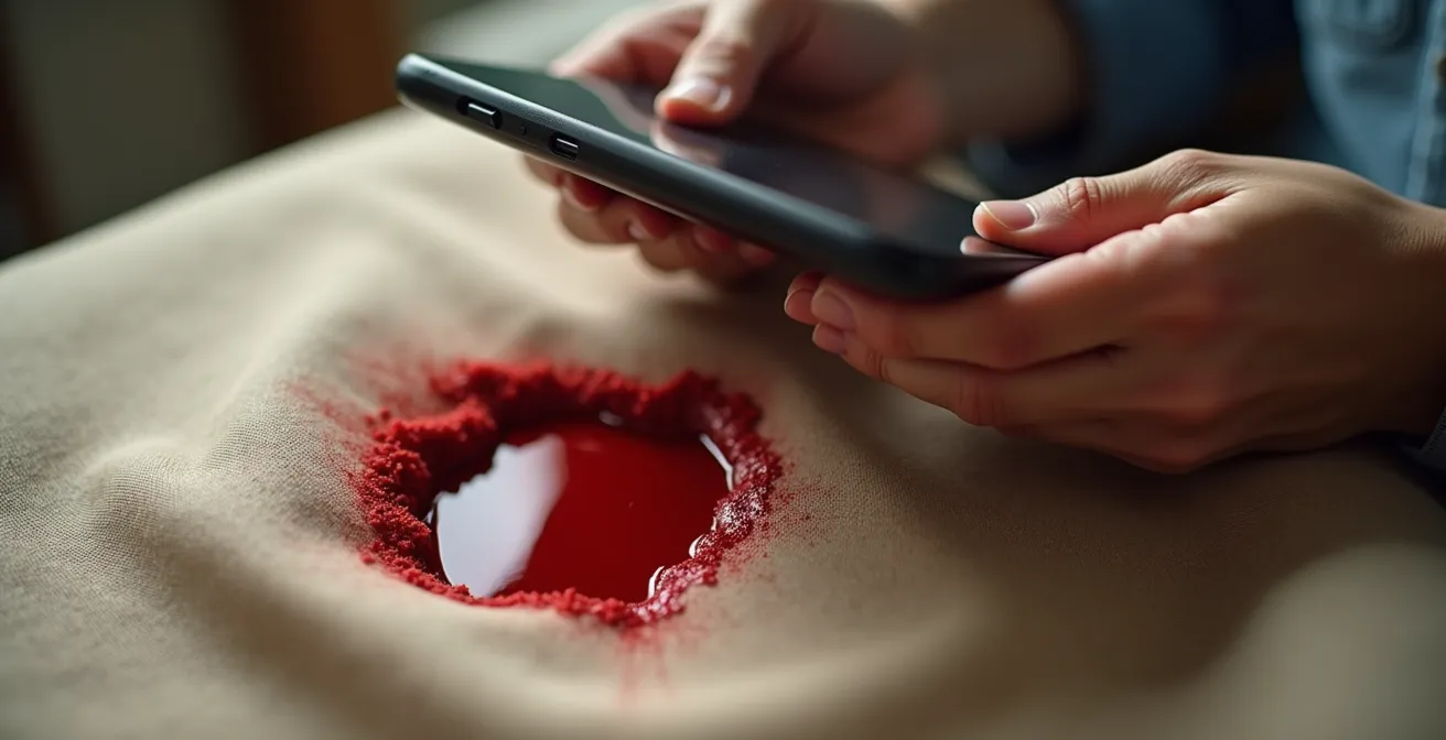 Gros plan sur des mains tenant un smartphone avec éclaboussure de liquide rouge sur tissu beige en arrière-plan