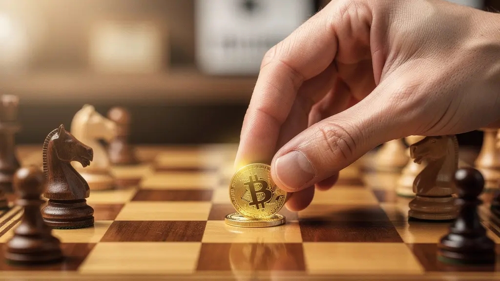 Main posant délicatement une pièce de monnaie sur un échiquier éclairé par la lumière dorée du matin, symbolisant une stratégie publicitaire Google Ads maîtrisée