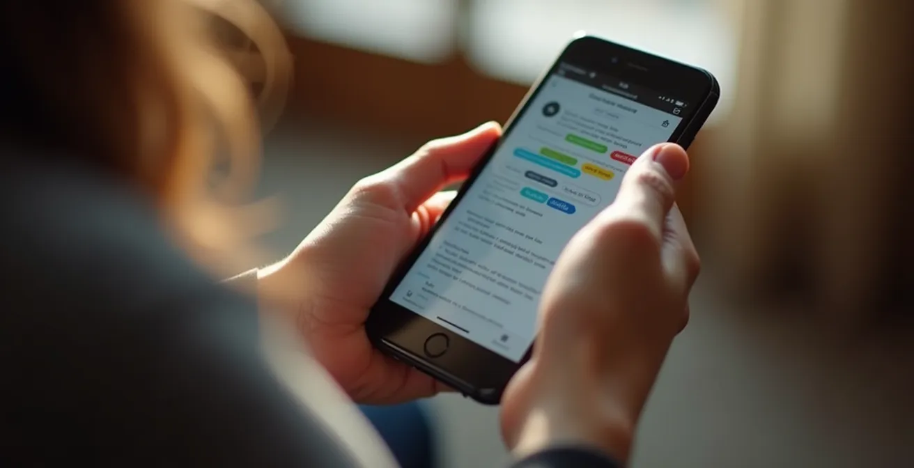 Personne lisant sur smartphone avec une mise en page de contenu optimisée et bien structurée.