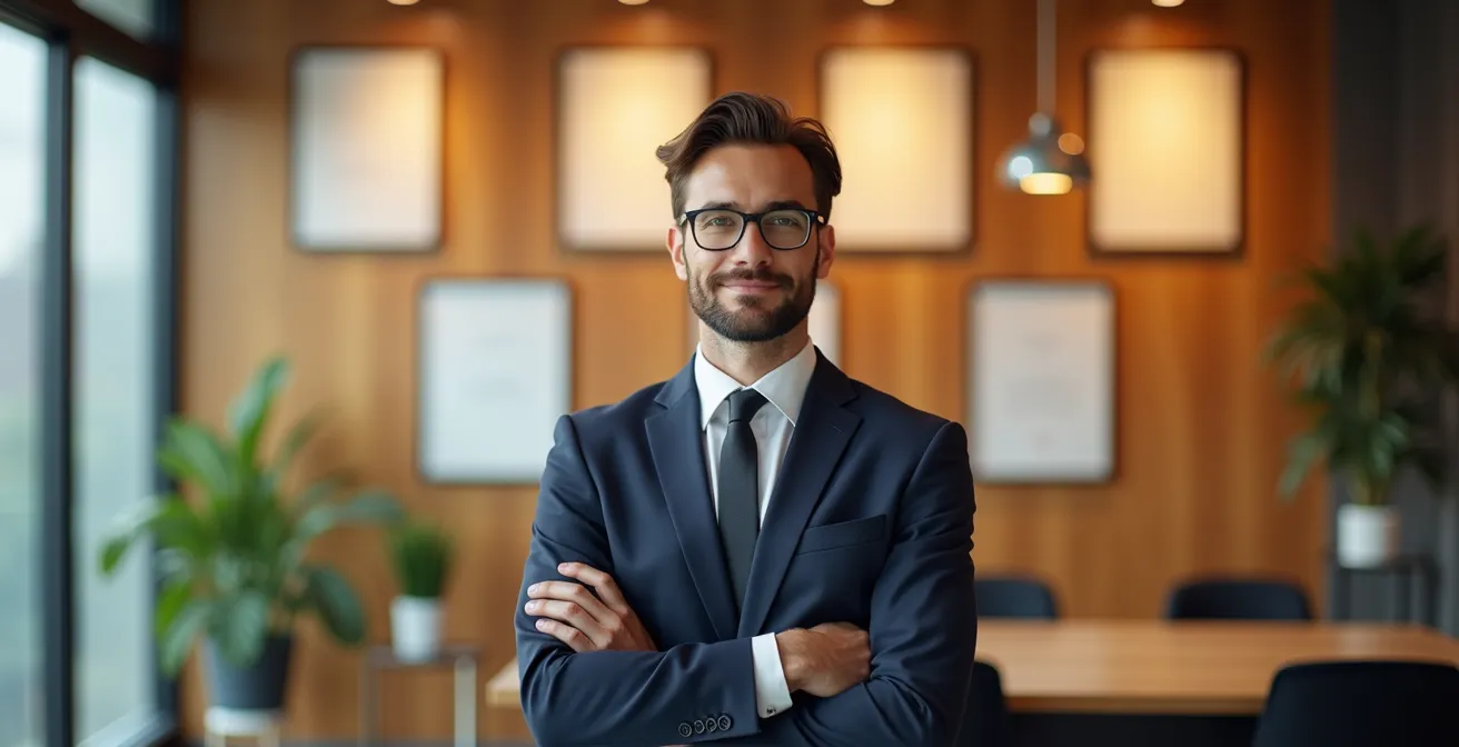Bureau moderne avec certificats et trophées disposés élégamment sans texte visible