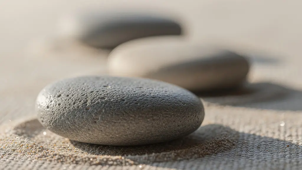 Vue macroscopique de trois galets lisses et espacés, symbolisant des étapes simples et distinctes.