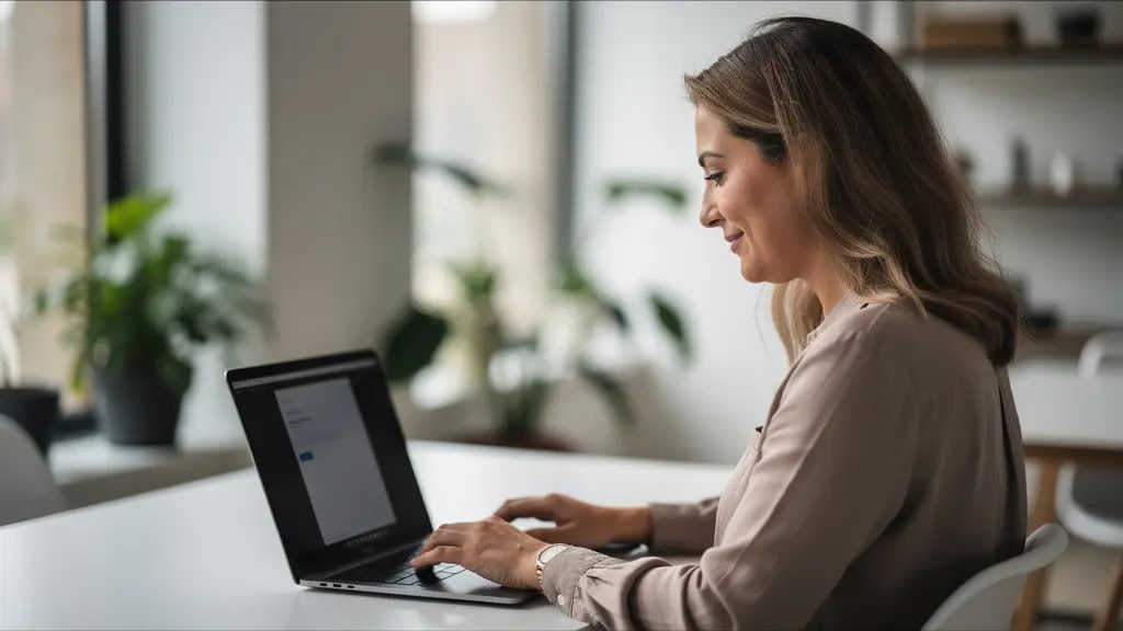 Espace de travail moderne avec personne travaillant sur ordinateur portable dans un environnement lumineux
