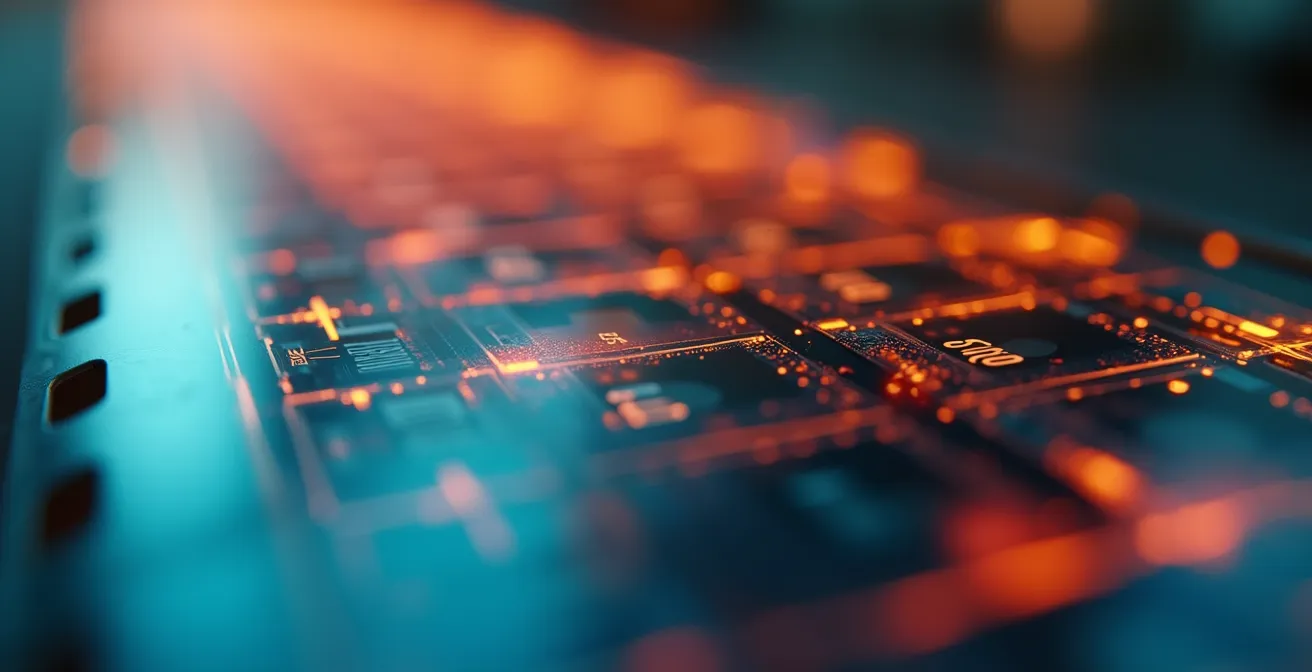 Vue macro d'une timeline vidéo abstraite avec marqueurs de chapitres et segments colorés