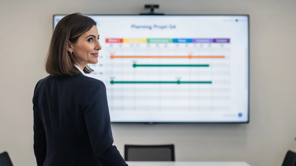 Chef de projet présentant un calendrier de refonte sur écran lors d'une réunion