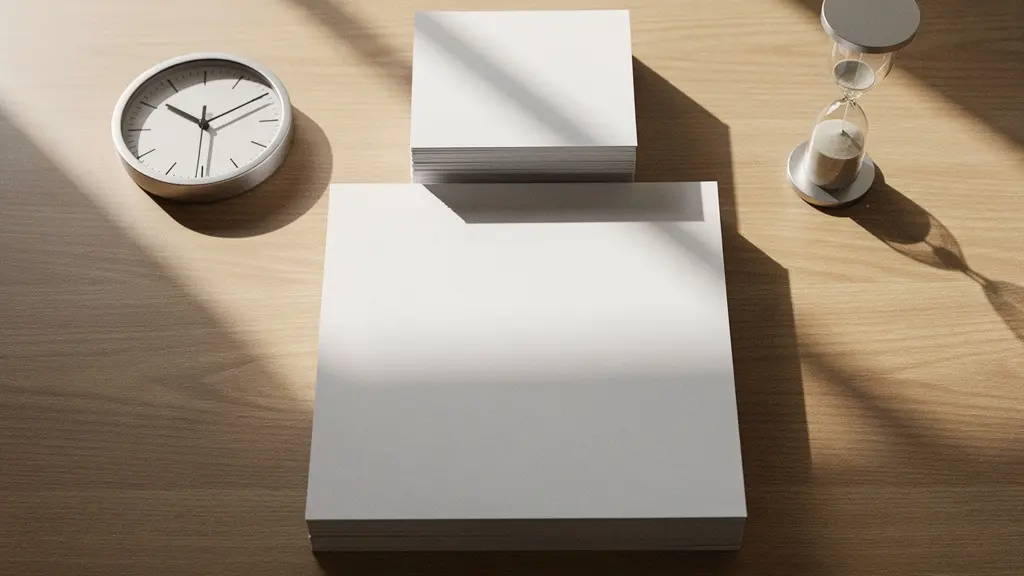 Vue en plongée d'un bureau minimaliste avec trois piles de documents organisées en pyramide, éclairage naturel doux