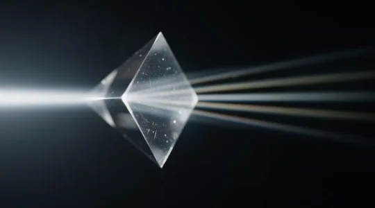 Un prisme de verre complexe réfractant un unique faisceau de lumière blanche en plusieurs rayons distincts et colorés, symbolisant la diversification des canaux de recherche.