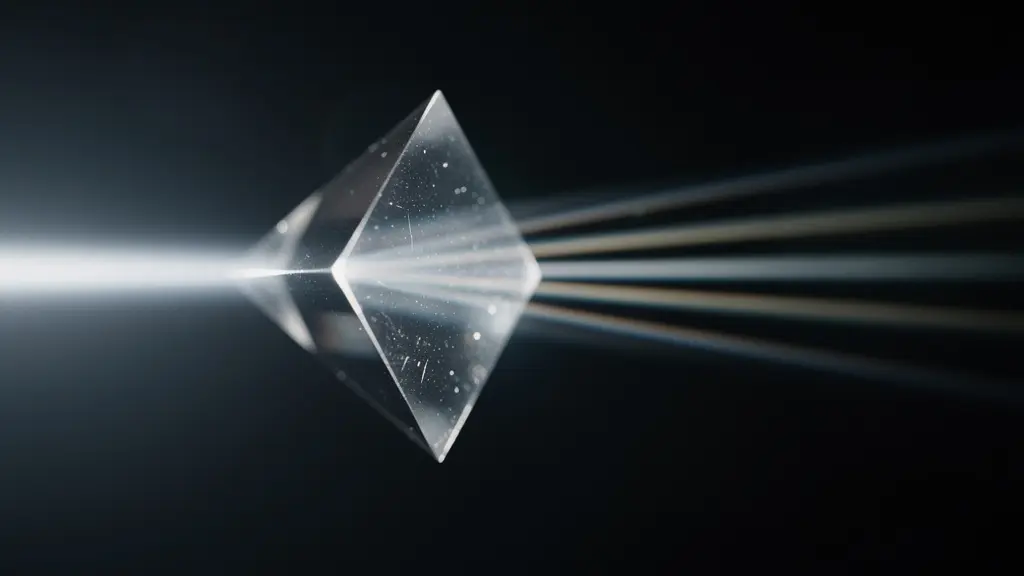 Un prisme de verre complexe réfractant un unique faisceau de lumière blanche en plusieurs rayons distincts et colorés, symbolisant la diversification des canaux de recherche.
