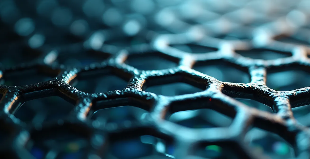 Gros plan macro sur une surface métallique texturée avec motifs géométriques évoquant un bouclier de protection numérique