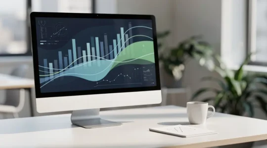 Écran d'ordinateur montrant des graphiques d'analyse de campagnes publicitaires dans un environnement bureau moderne