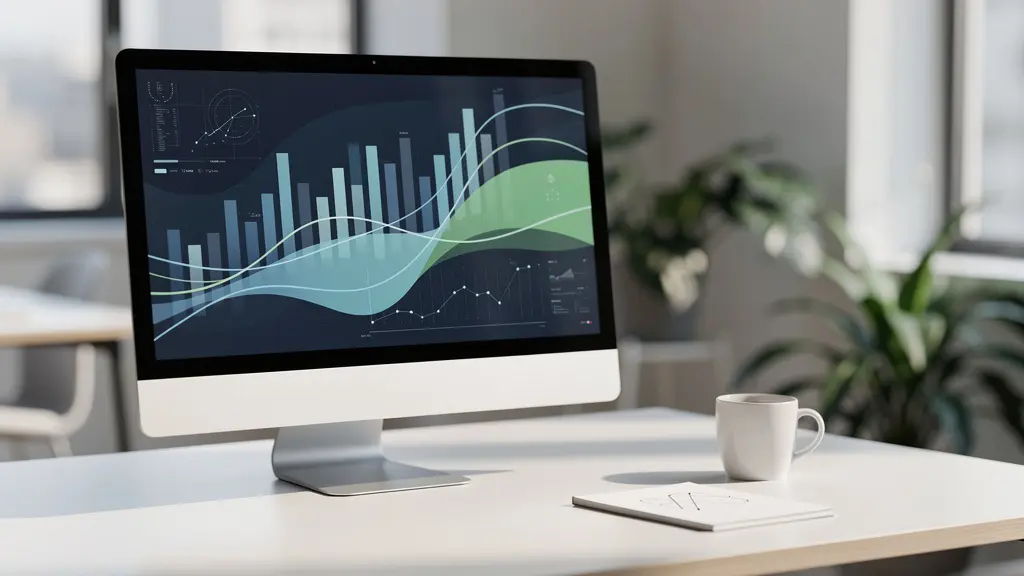 Écran d'ordinateur montrant des graphiques d'analyse de campagnes publicitaires dans un environnement bureau moderne