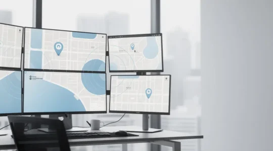 Bureau moderne avec écrans affichant des cartes de géolocalisation et des marqueurs de recherche locale, environnement professionnel lumineux sans enseigne physique visible