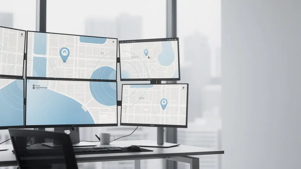 Bureau moderne avec écrans affichant des cartes de géolocalisation et des marqueurs de recherche locale, environnement professionnel lumineux sans enseigne physique visible