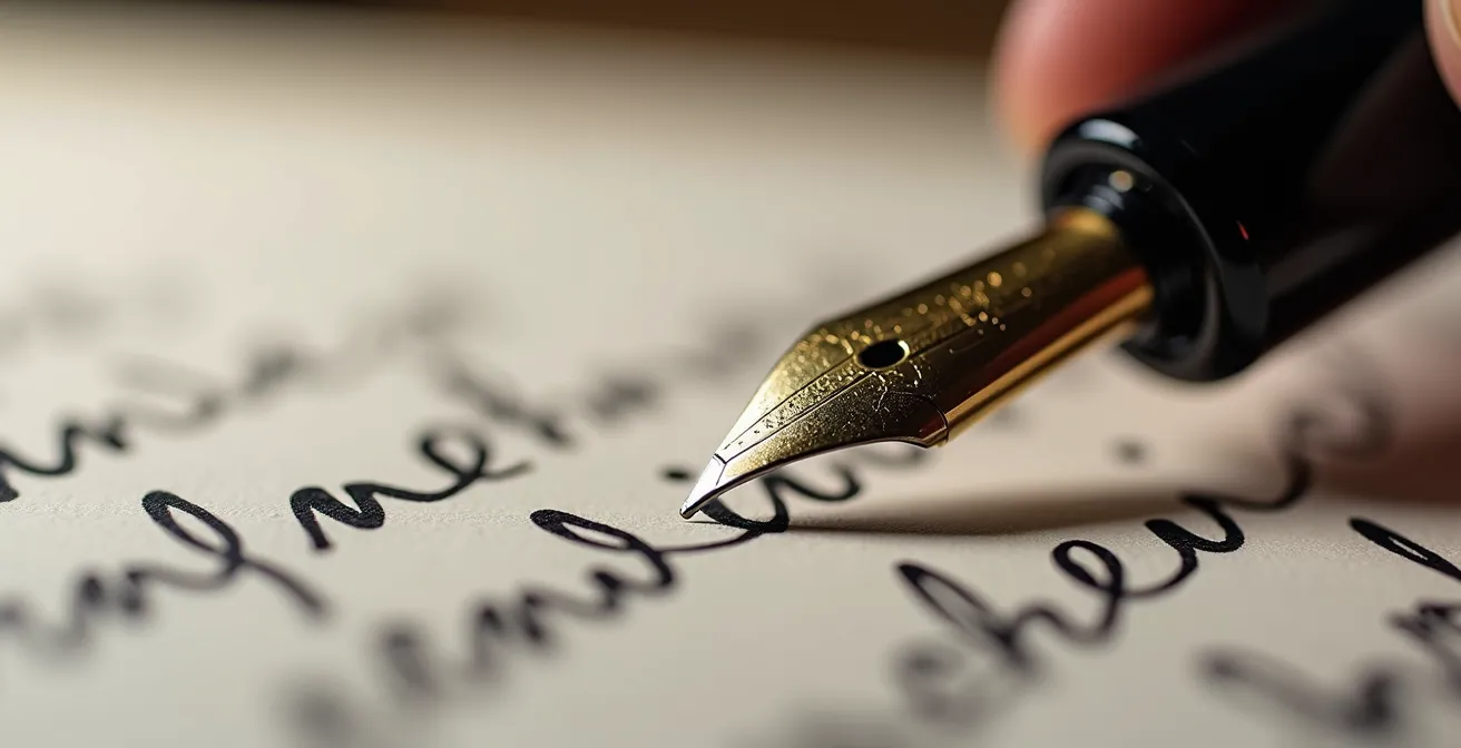Vue macro d'une main écrivant les premières lignes d'un article SEO avec une plume, symbolisant la précision.