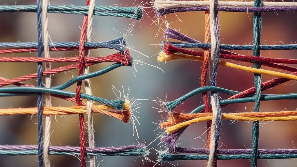 Vue macro de fils de différentes couleurs entrelacés, dont certains sont coupés, symbolisant un maillage interne rompu.