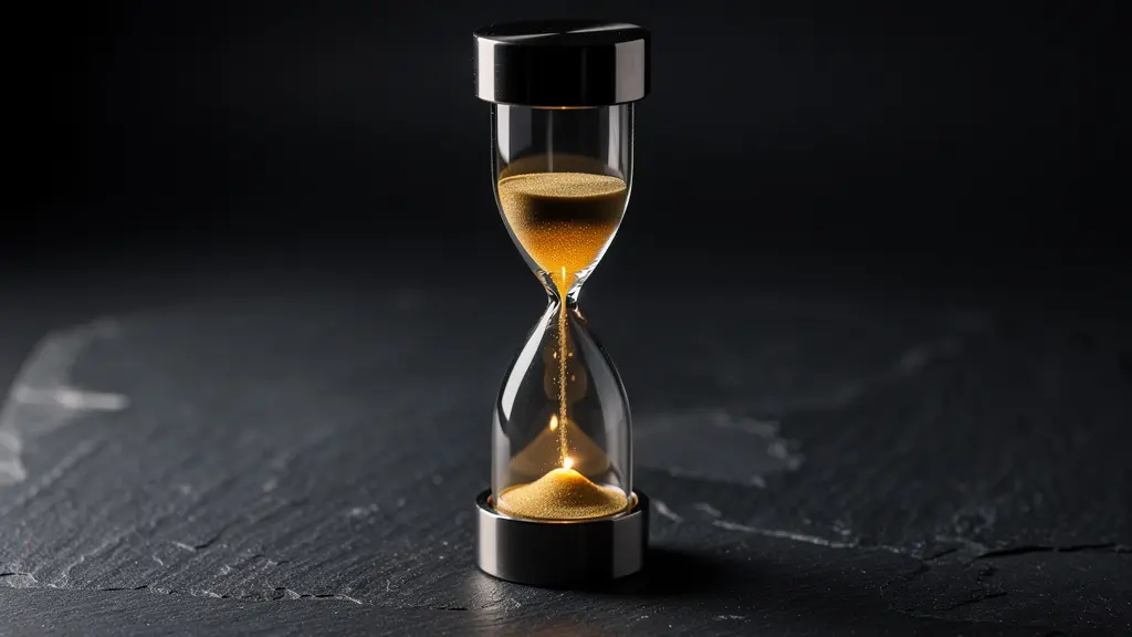 Une photographie conceptuelle d'un sablier moderne sur une surface sombre, symbolisant la durée de vie prolongée du contenu.