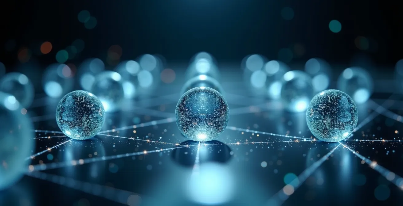 Représentation visuelle abstraite de l'architecture d'un schéma FAQ avec des connexions entre éléments structurés