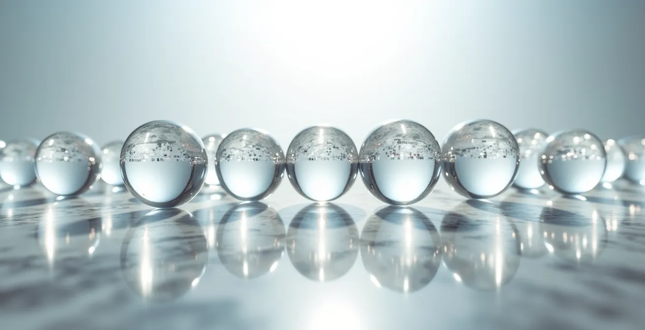 Graphique conceptuel montrant l'effet cascade des partages sociaux, symbolisé par des sphères de lumière qui se réfractent et se multiplient.