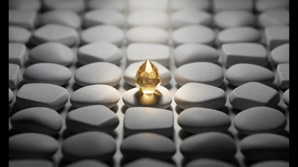 Représentation abstraite d'une série de formes géométriques grises identiques, interrompue par une forme colorée et lumineuse unique.