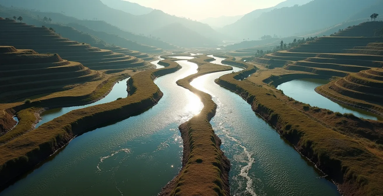 Réseau interconnecté de canaux d'irrigation vus de haut illustrant la distribution du PageRank